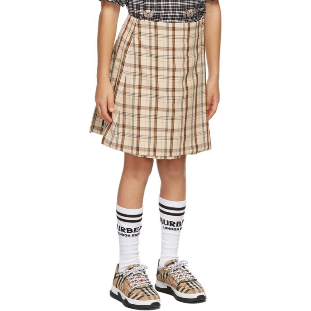 Burberry Kids Beige Check Logo Print Lianne Pleated Skirt, Size 4Y New w/Tag