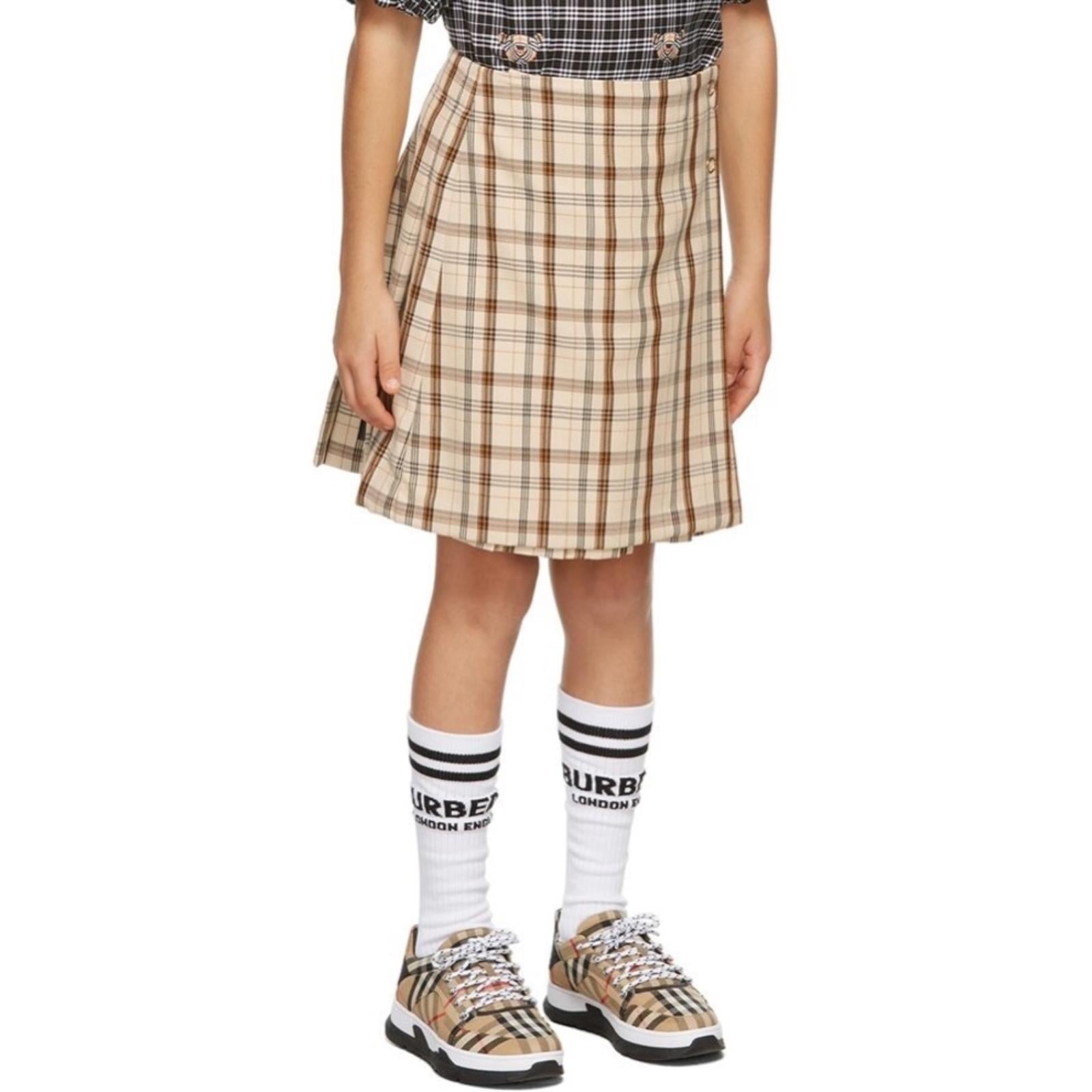Burberry Kids Beige Check Logo Print Lianne Pleated Skirt, Size 4Y New w/Tag