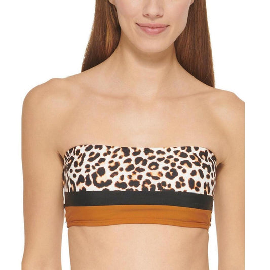DKNY Colorblocked Bandeau Bikini Top in Brown Leopard Print Size L NEW w/Tag