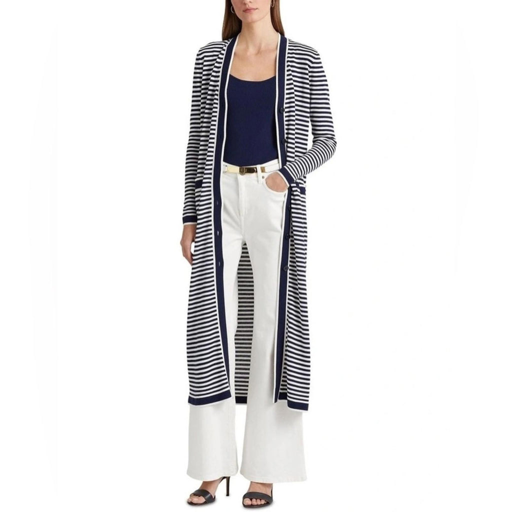 Lauren Ralph Lauren Striped Silk Blend Long Cardigan Navy Size XS New w/Tag $245