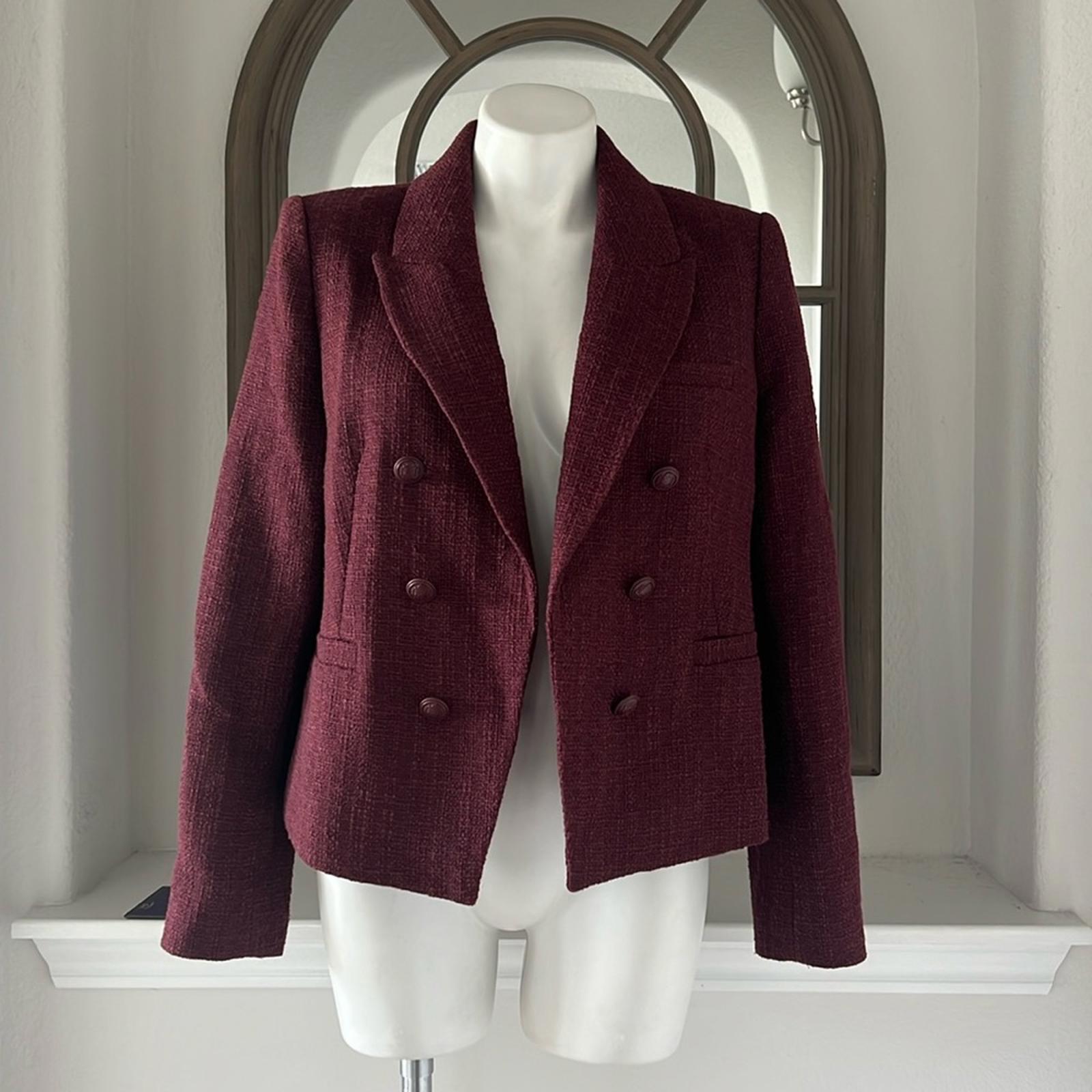 ELIE TAHARI Double Breasted Tweed Blazer in Burgundy, Size L Retail $495