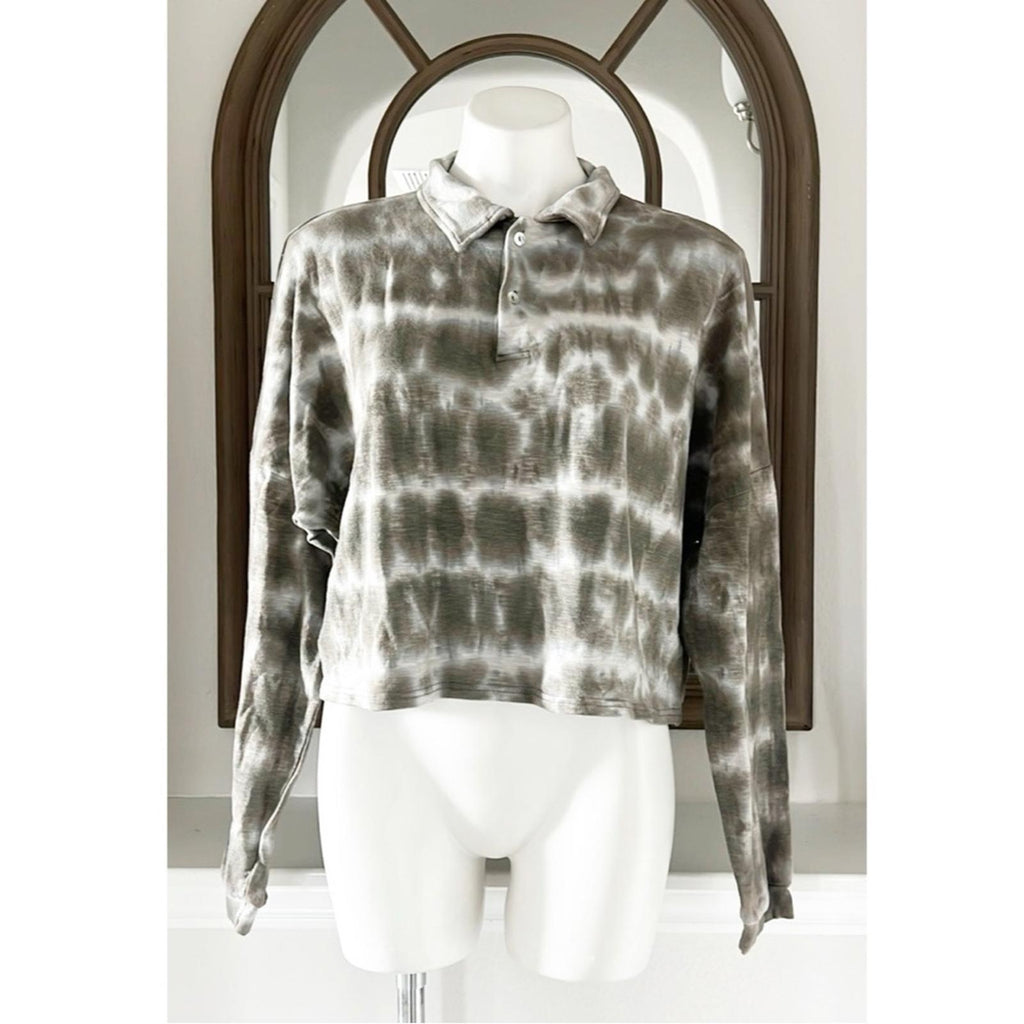 Olivaceous Tie-Dye Cropped Top Polo Long Sleeve Shirt, EXCELLENT!