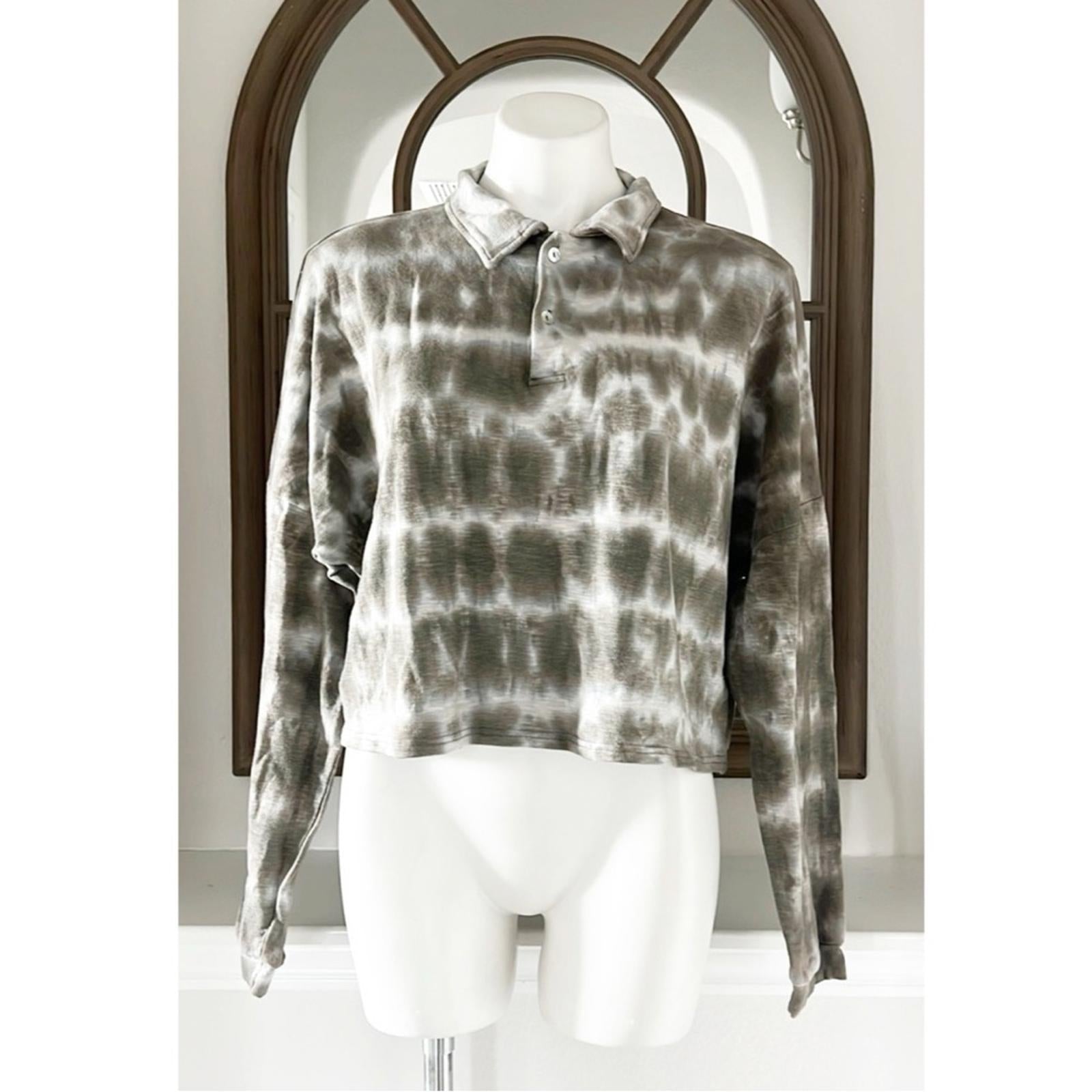 Olivaceous Tie-Dye Cropped Top Polo Long Sleeve Shirt, EXCELLENT!