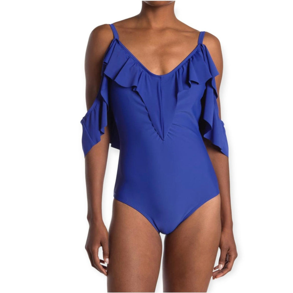 Nicole Miller Ruffled Cold Shoulder One-Piece Swimsuit, Size S New w/Tag $108