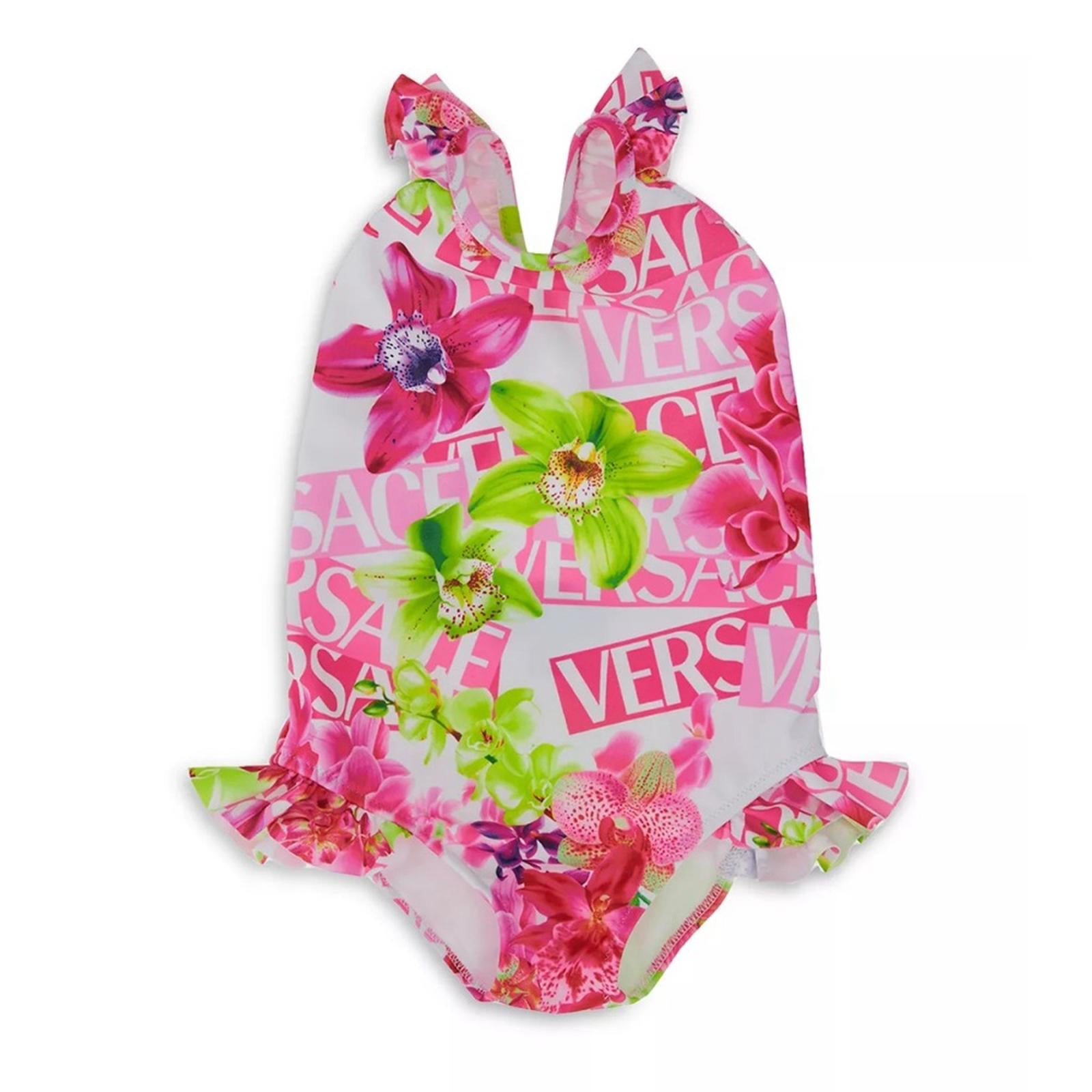 Versace Girls' Orchid & Logo Print Swimsuit - Size 36 Months New w/Tag