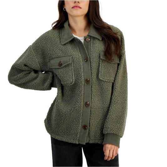 NEW Hippie Rose Juniors' Sherpa Contrast-Trimmed Shacket, Smokey Olive Size XL