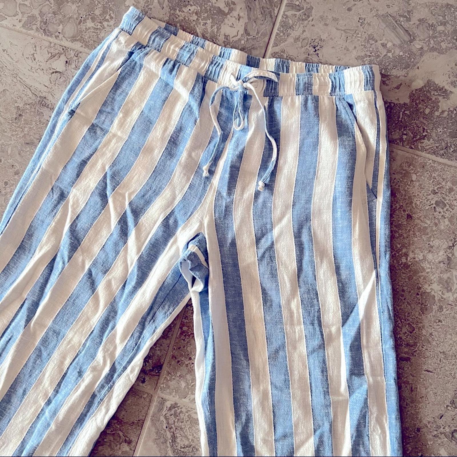 Anthropologie’s Cloth & Stone Linen Wide Leg Pants Blue & Cream Size M New w/Tag