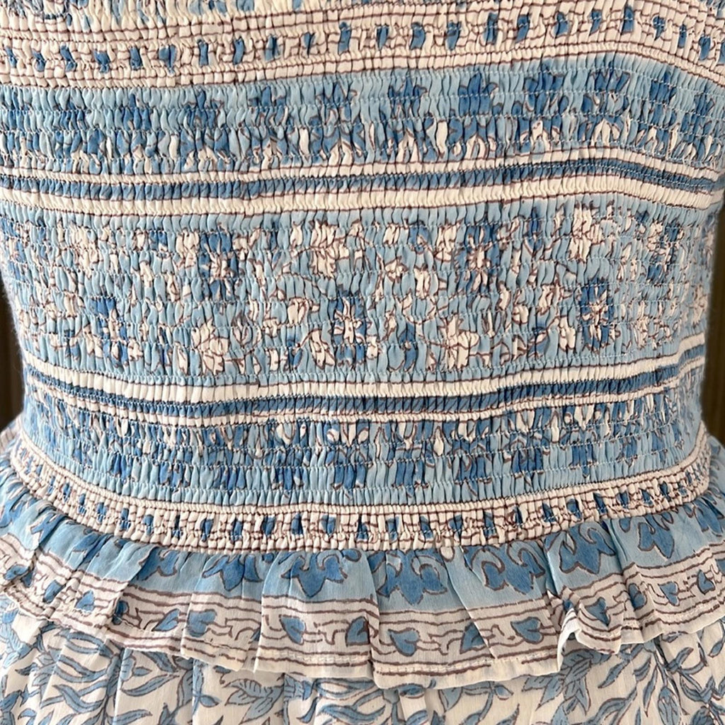 Bell Ashley Ruffled Puff Sleeve Midi Dress in Blue White, Size XL New w/Tag $408
