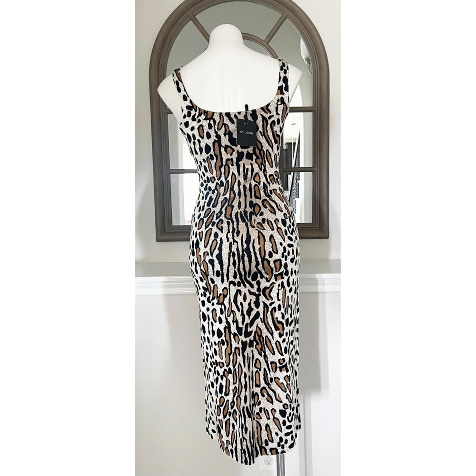 St. John Margay Animal Print Midi Dress in Brown Multi, Size 2 NEW w/Tag $1,295