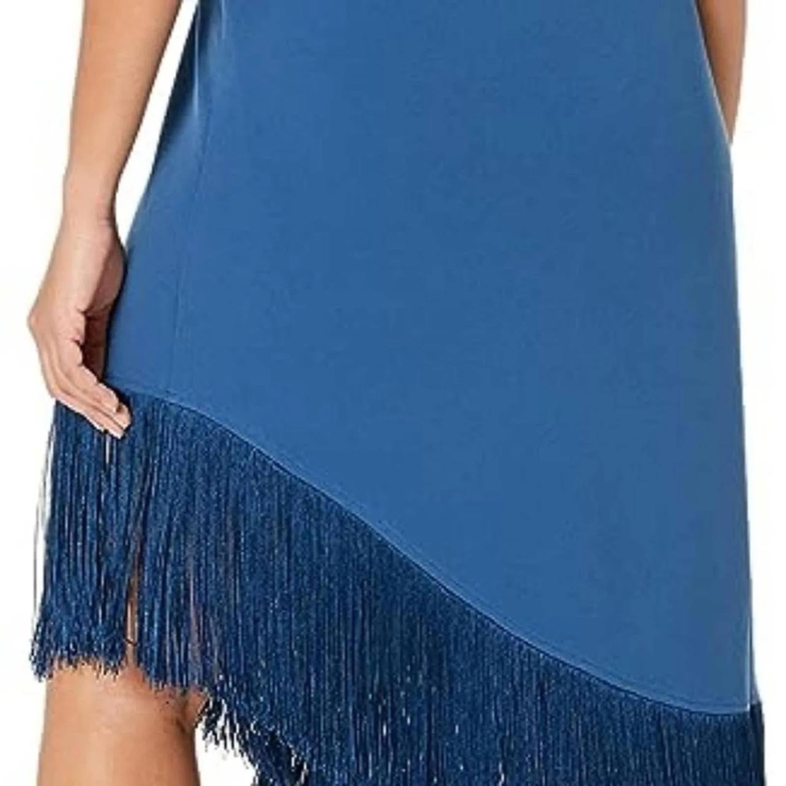 Trina Turk Gull One-Shoulder Asymmetric Fringed Dress in Denim, Size S New w/Tag