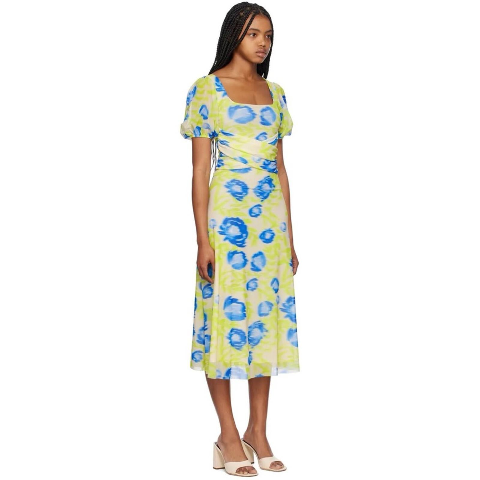 GANNI Crisscross Abstract-Printed Mesh Puff-Sleeve Midi Dress New w/Tag $445