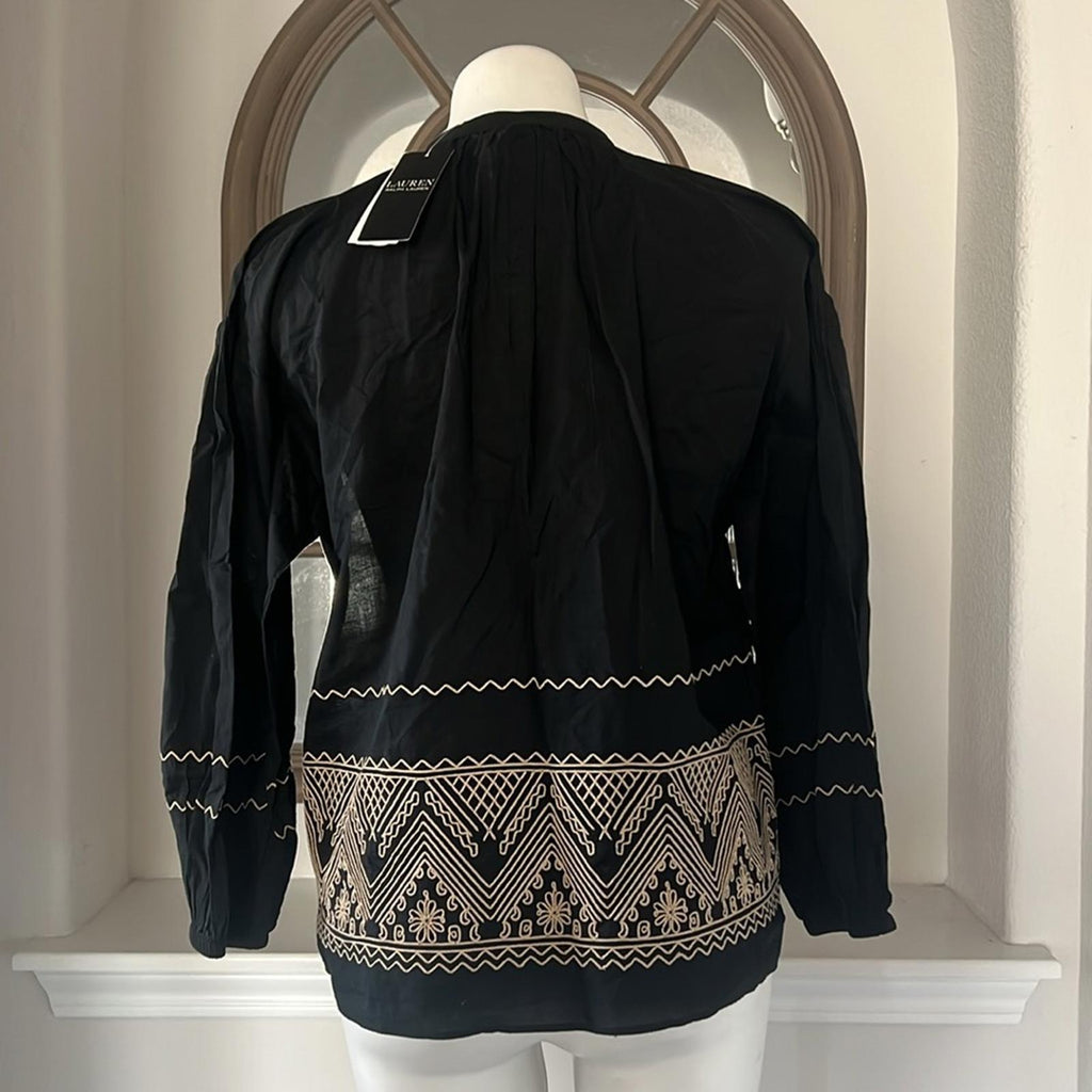 Lauren Ralph Lauren V-Neck Bishop Sleeves Pullover Top in Black Size S NWT