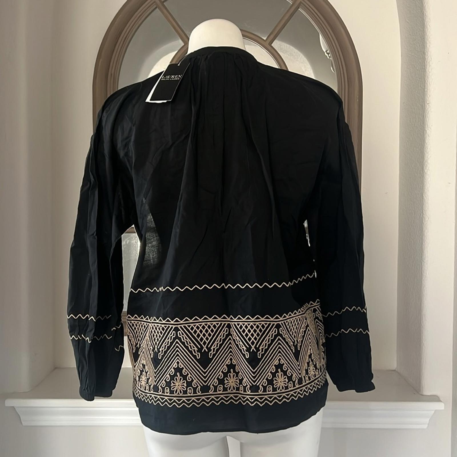 Lauren Ralph Lauren V-Neck Bishop Sleeves Pullover Top in Black Size S NWT