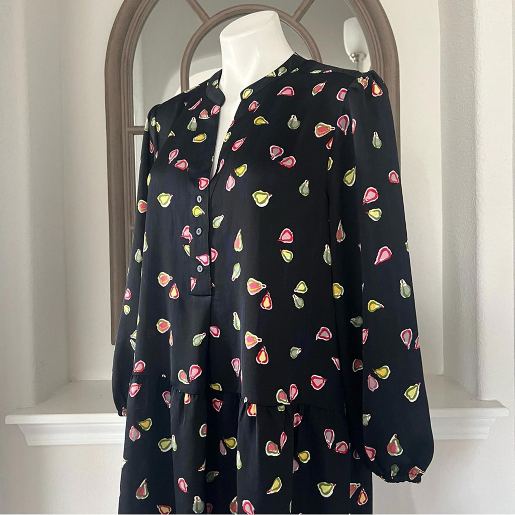 Nic+Zoe Tiered Long-Sleeve Dress w/Mandarin Collar, Black Multi, Size L NWT $188