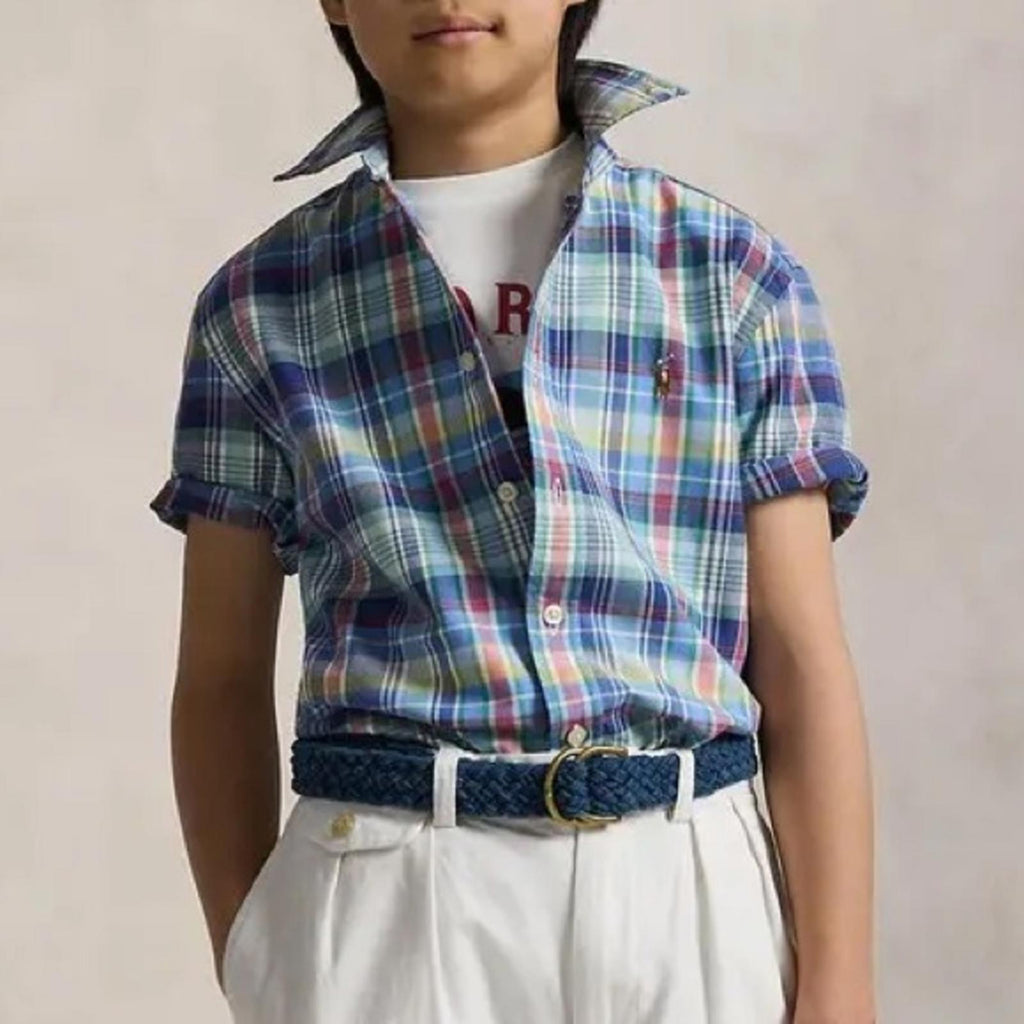 Ralph Lauren Plaid Oxford Short-Sleeve Shirt in Blue Multi, Size M(10-12), NWT