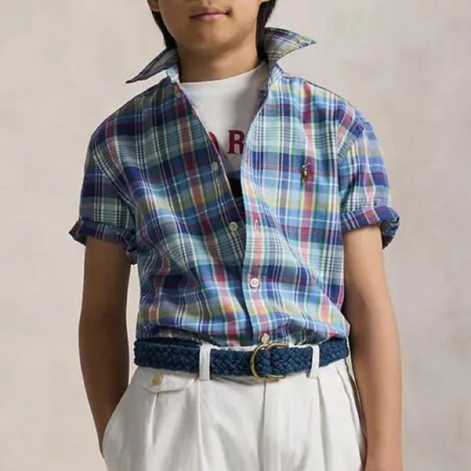 Ralph Lauren Plaid Oxford Short-Sleeve Shirt in Blue Multi, Size M(10-12), NWT