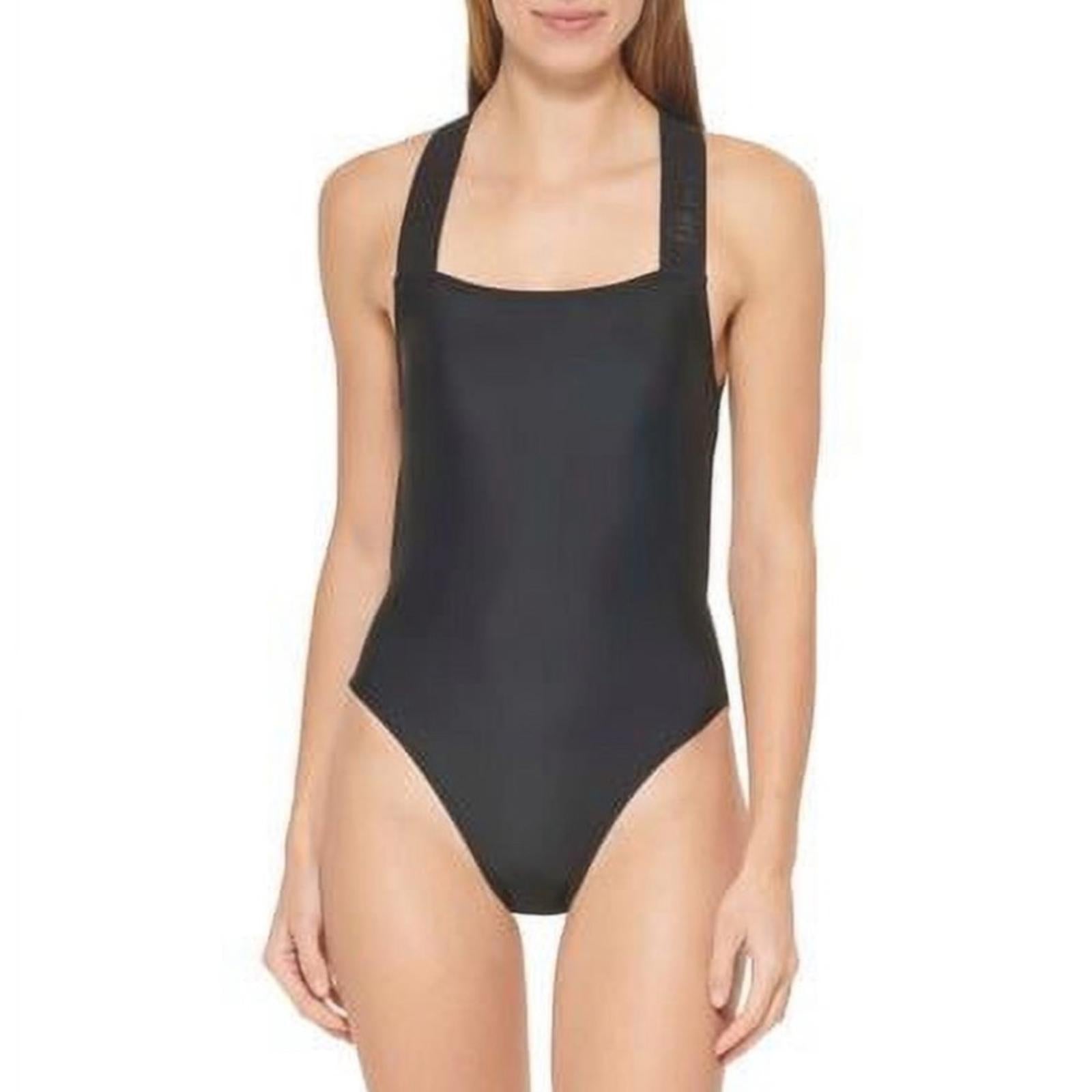 DKNY Logo Cross-Back One-Piece Swimsuit in Black, Size L NEW w/Tag $108