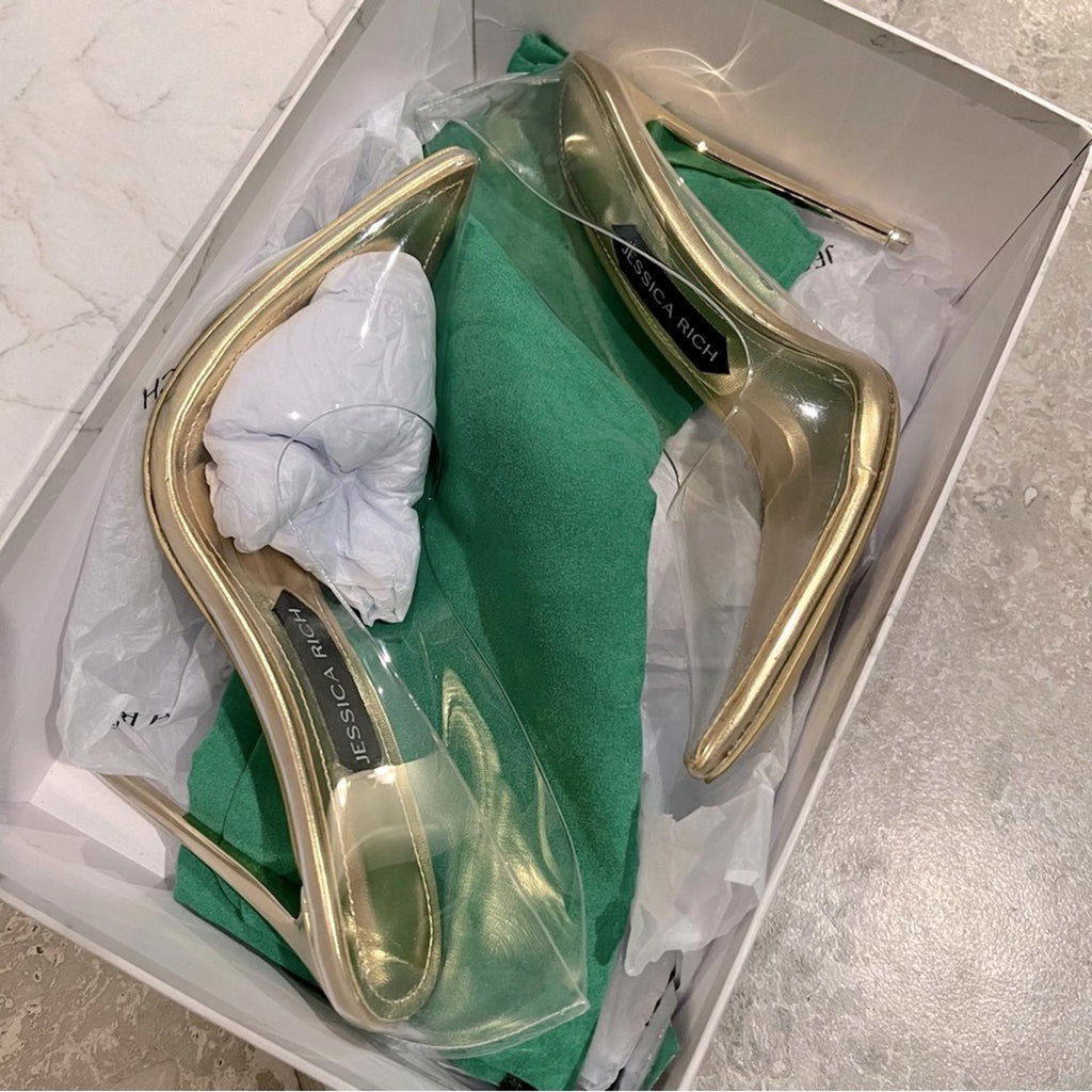 Jessica Rich Fancy Stiletto Clear Vinyl Pumps, Gold Size 37 NEW in Box