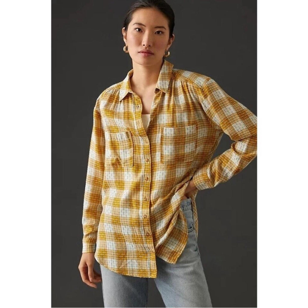 NEW Anthropologie’s Pilcro Yellow Motif Mustard Plaid Stitched Shirt Size XXS