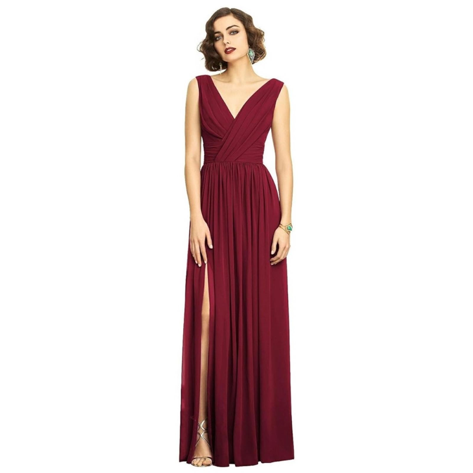 Dessy Floor Length Chiffon Shirred Skirt V-Neck Draped Dress in Burgundy Size 2