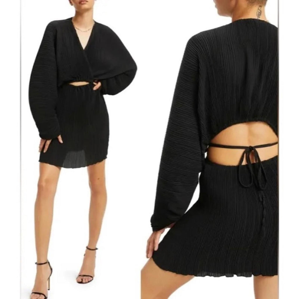 Good American Plissé Sculpted Long Sleeve Cutout Black Mini Dress, NWT, Size 3/4