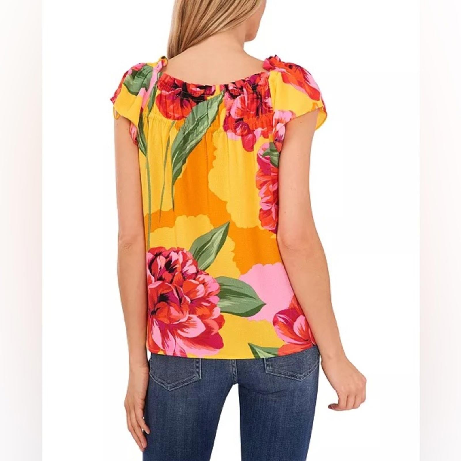 CeCe Ruffled-Neckline Floral Print Short Sleeve Blouse, NWT, Size L