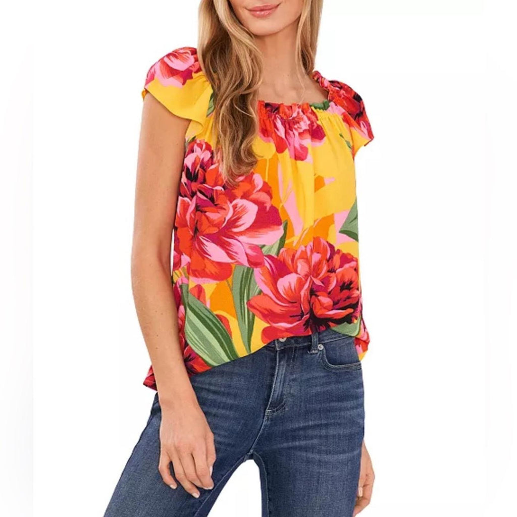 CeCe Ruffled-Neckline Floral Print Short Sleeve Blouse, NWT, Size L
