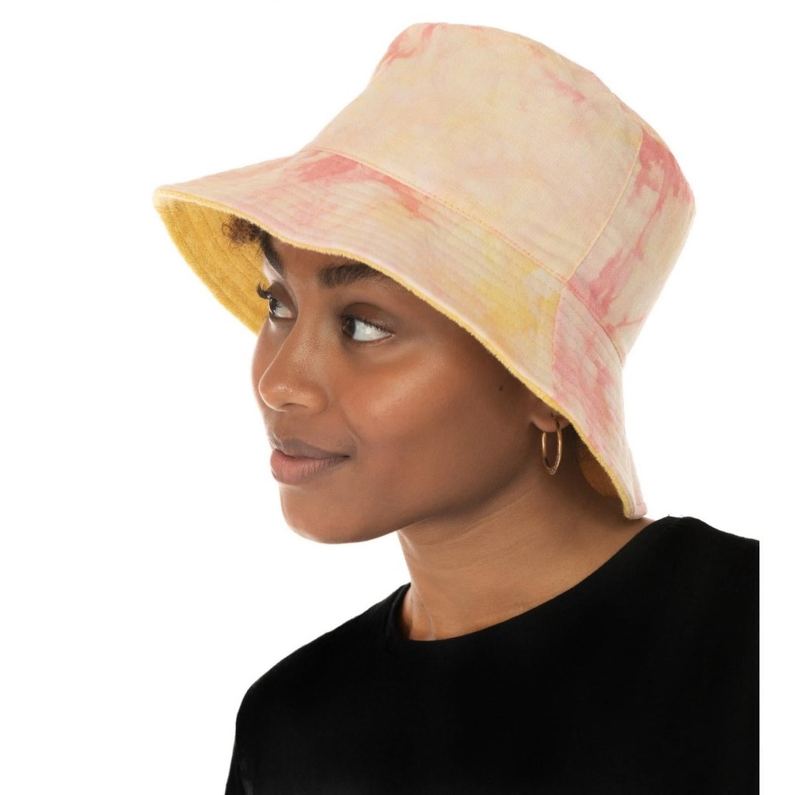 NEW Jenni Reversible Terry Cloth Hat, Pink Yellow One Size New w/Tag