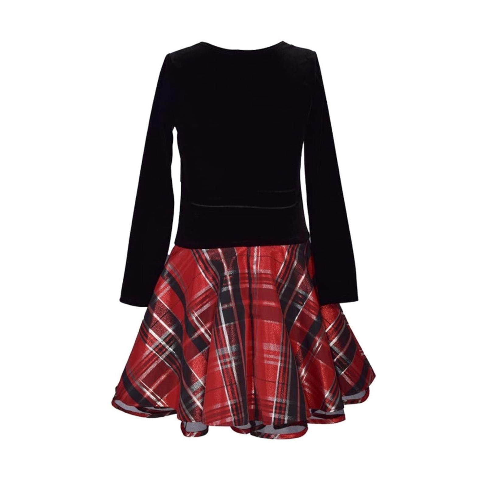 Bonnie Jean Long Sleeve Velvet Bodice w/Plaid Skirt Dress, Red Black 2/2T NEW