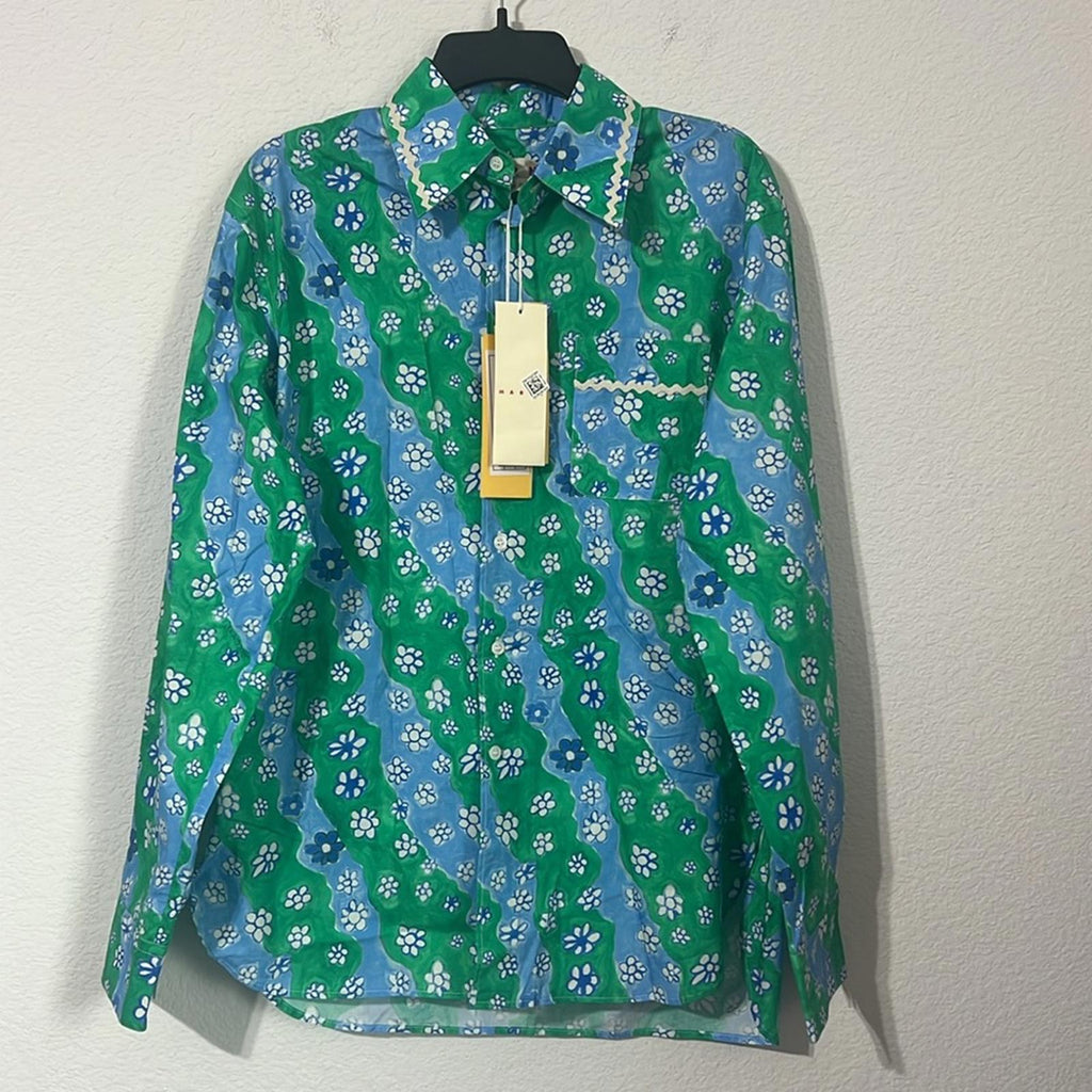 Marni Printed Button Up Shirt in Green/Blue, Size 46, New w/Tag