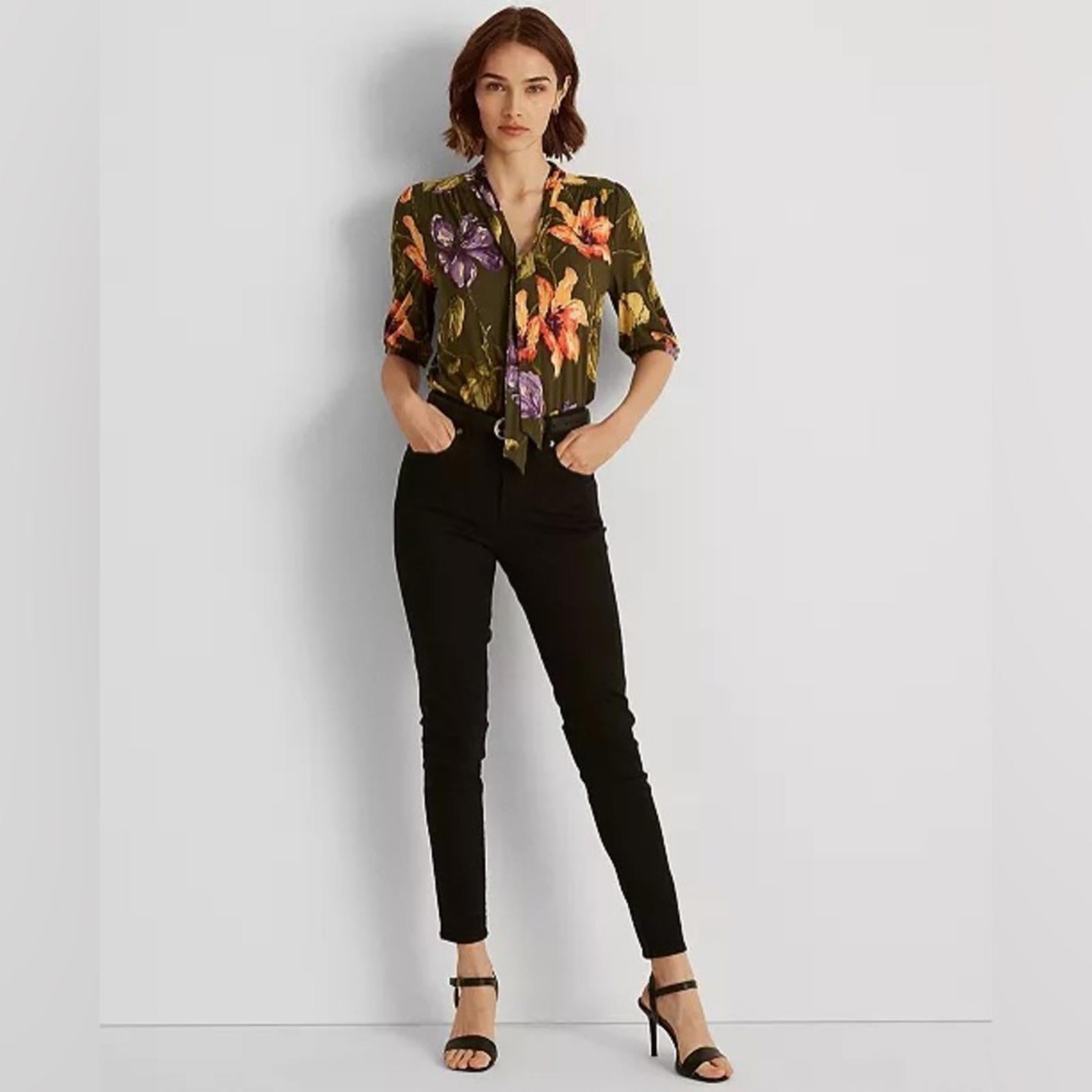 Ralph Lauren Floral Jersey Tie-Neck Blouse in Farm Olive, Plus Size XXL, NWT