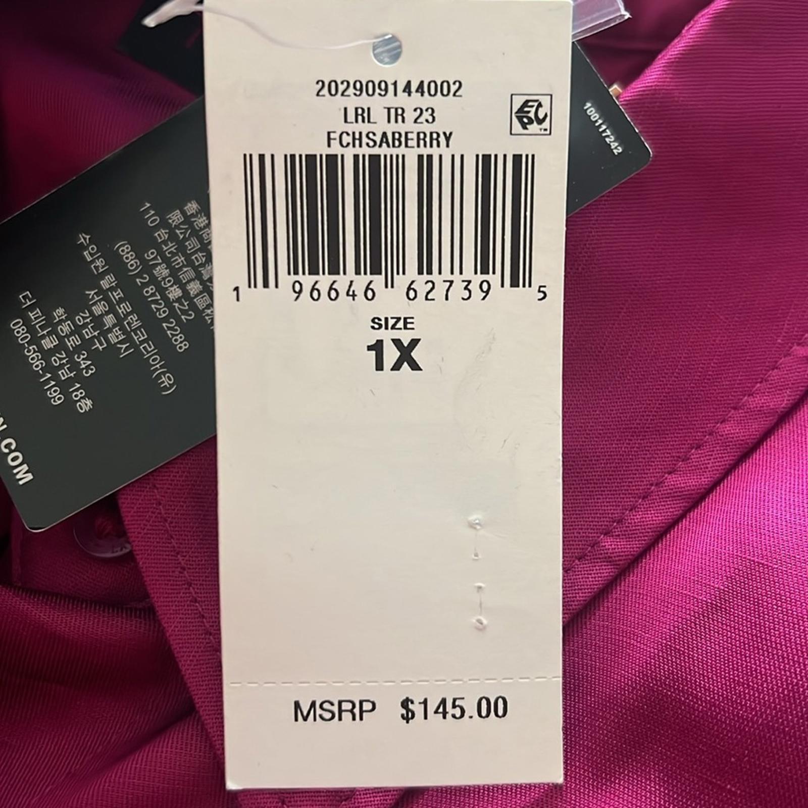 Lauren Ralph Lauren Satin Long Sleeve Buttoned Top in Fuchsia, Plus Size 1X NWT