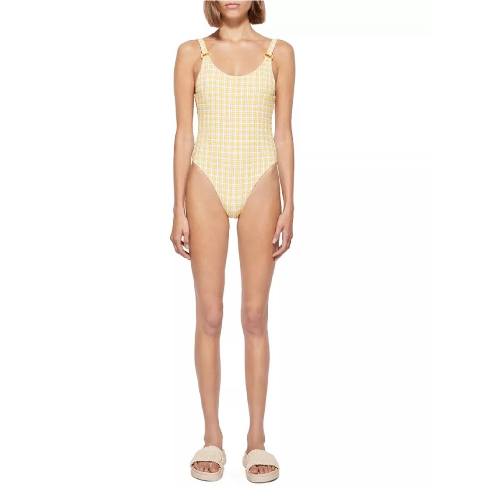 Jonathan Simkhai Rosabel Seersucker Swimsuit, Plaid Daffodil, Size L NWT $275
