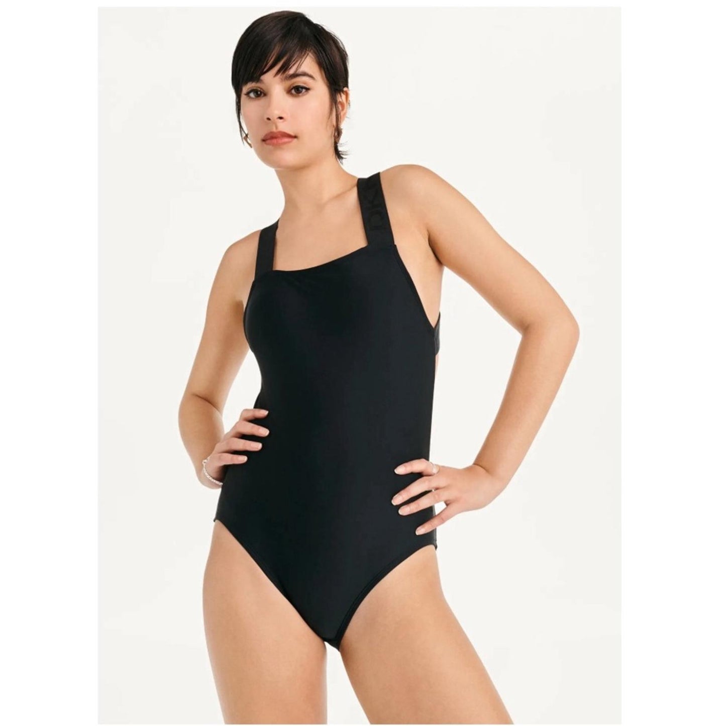 DKNY Logo Cross-Back One-Piece Swimsuit in Black, Size L NEW w/Tag $108