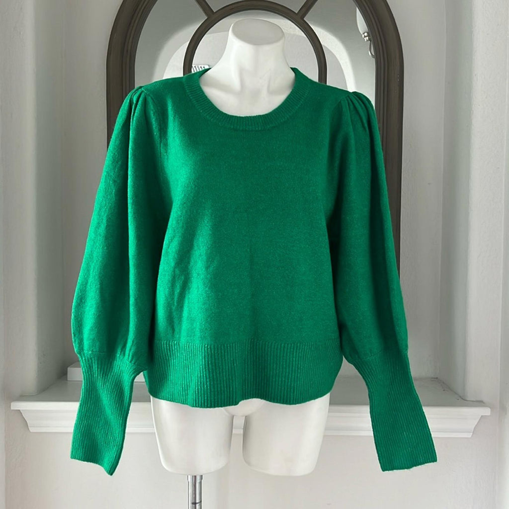 NEW CeCe Juliet Sleeve Puff Sleeve Crewneck Sweater, Green Size L New w/Tag