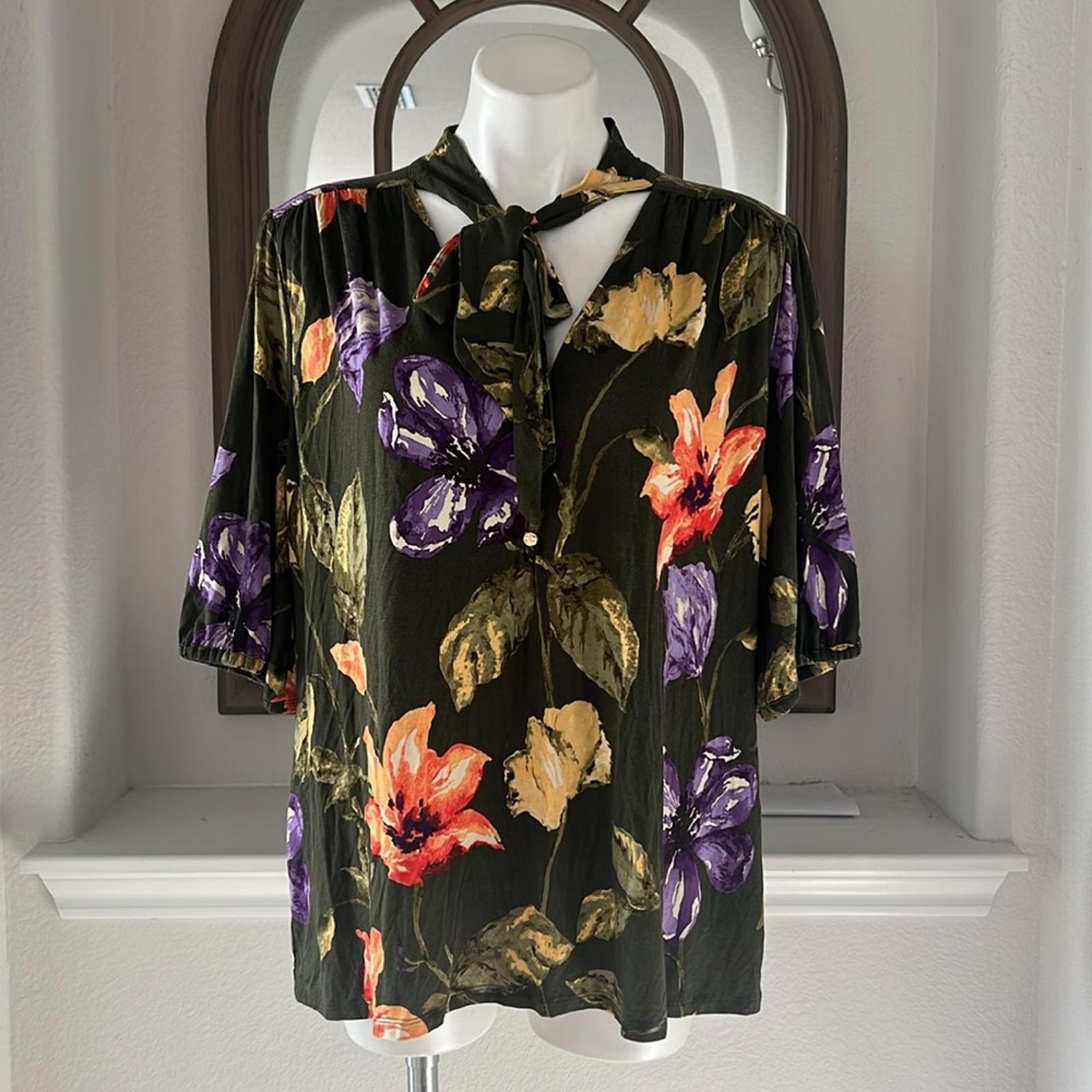 Ralph Lauren Floral Jersey Tie-Neck Blouse in Farm Olive, Plus Size XXL, NWT