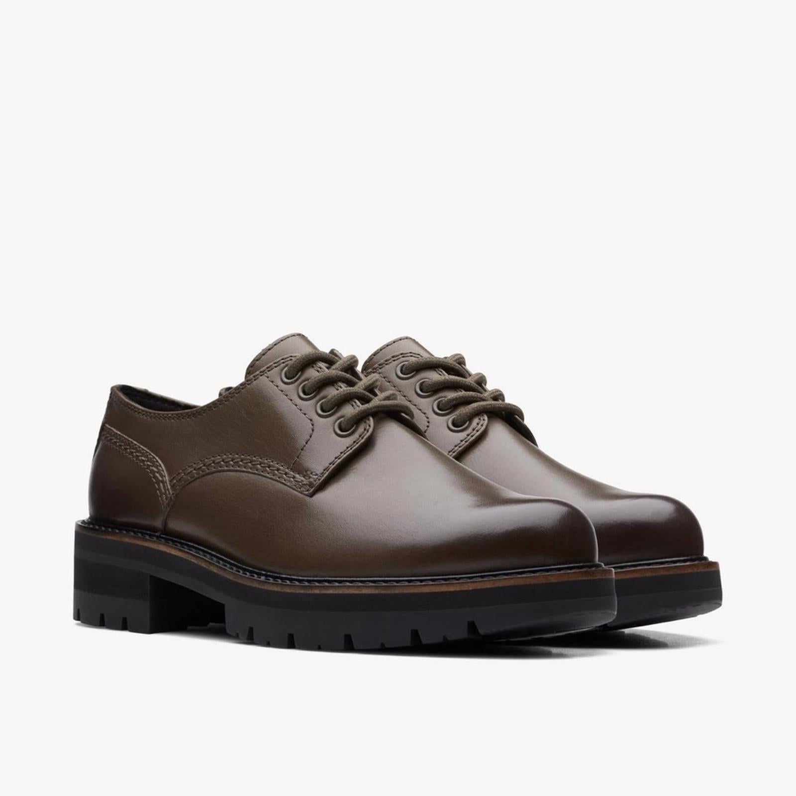 NEW Clarks Orianna Lug Sole Derby Dark Olive Leather, Size UK 5D US 7.5M