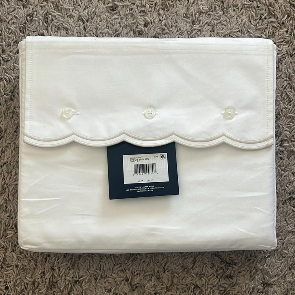 Ralph Lauren Malin Scallop Sateen Flat Sheet in White/Silver Trim, Queen NWT