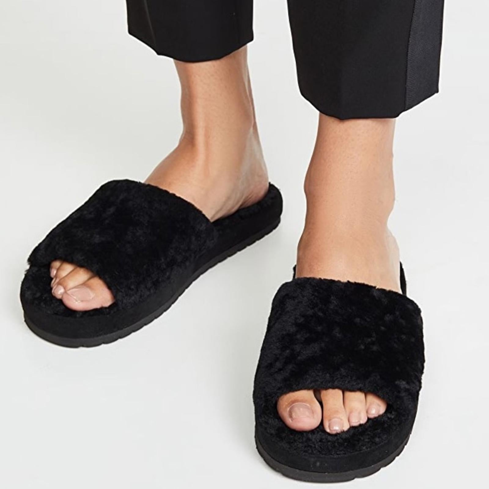 VINCE Real Fur Slide Sandals Cozy Slippers in Black, Size 7M New w/o Box