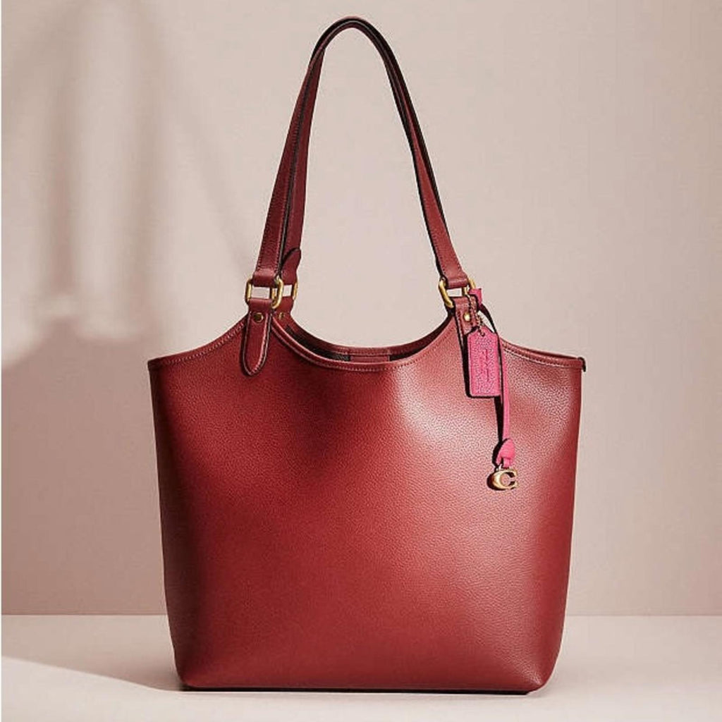 COACH Polished Pebble Leather Restored Day Tote in Brass/Brick Red, New +DustBag