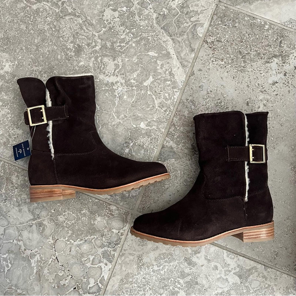 Jack Rogers Dark Chocolate Sherpa Faux Suede Booties, Size 7M New in Box $158