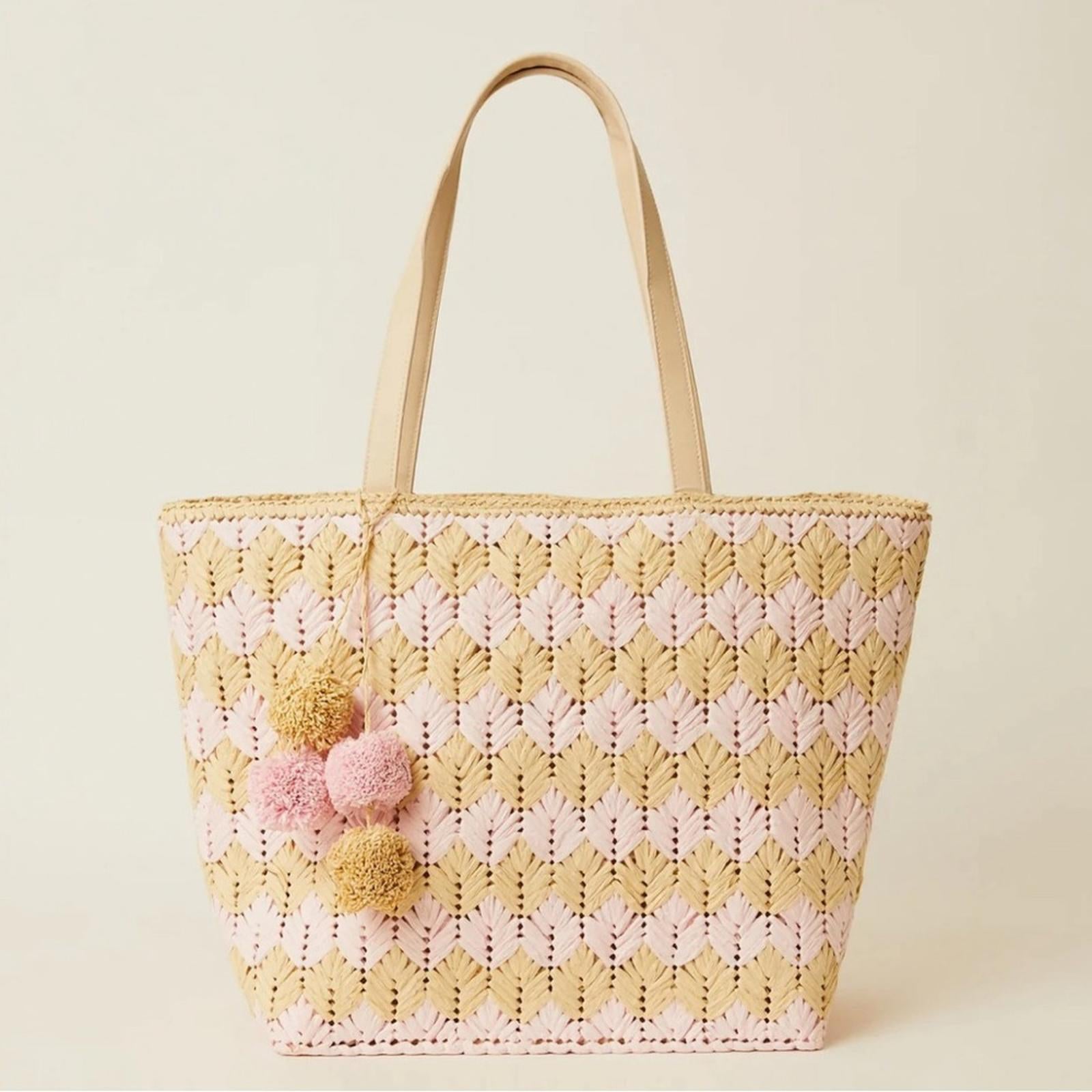 BTB Los Angeles Bria Straw Tote with pom poms