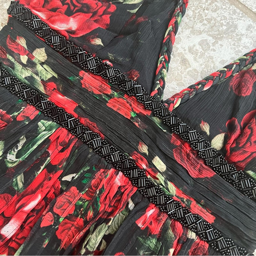 Rococo Sand Tiered Maxi Dress in Black/Red Roses, NWT, Size XS Retail $478