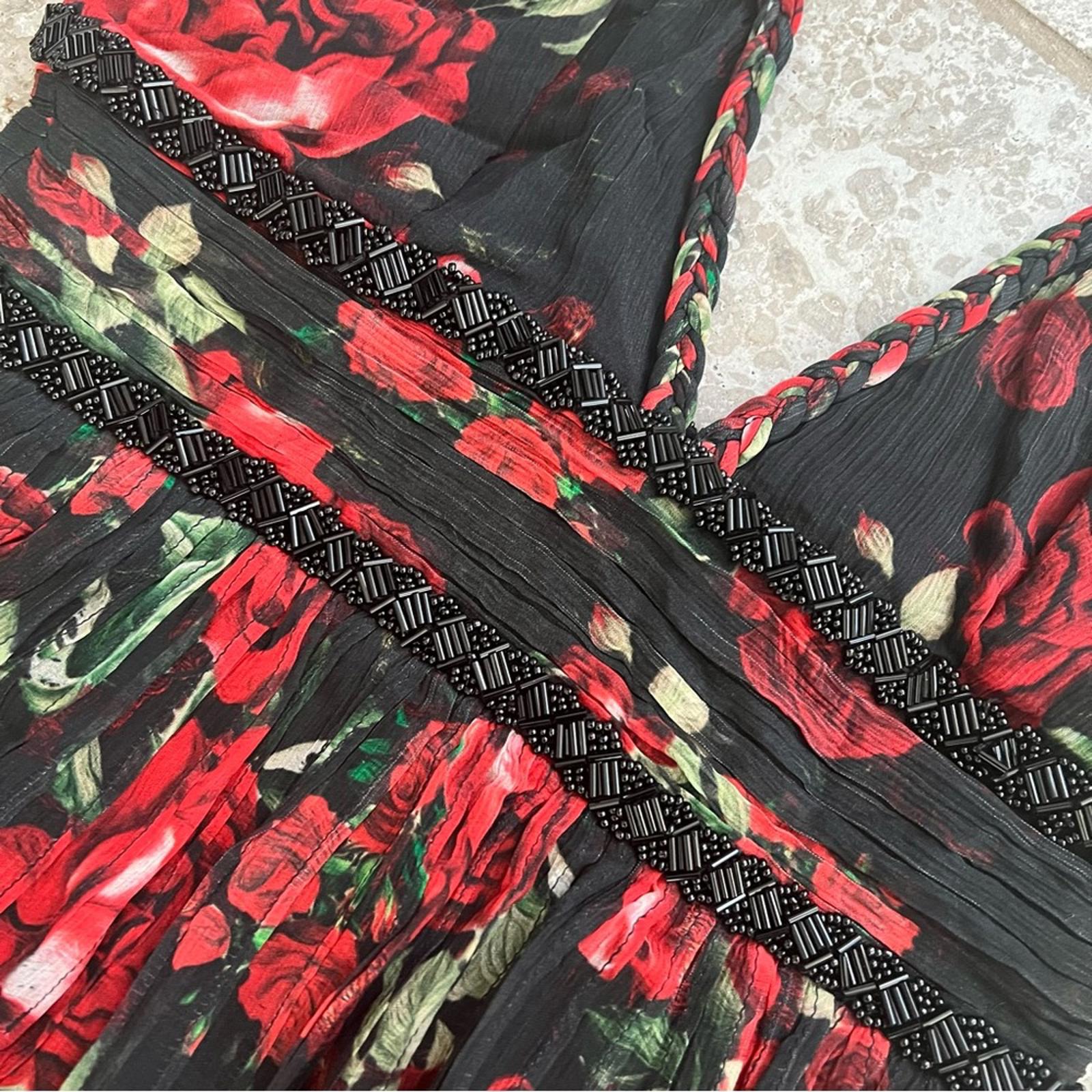 Rococo Sand Tiered Maxi Dress in Black/Red Roses, NWT, Size XS Retail $478