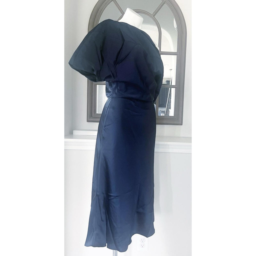 NEW Amsale NAVY One Shoulder Fluid Satin Cocktail Midi Dress, Size 4 Retail $385