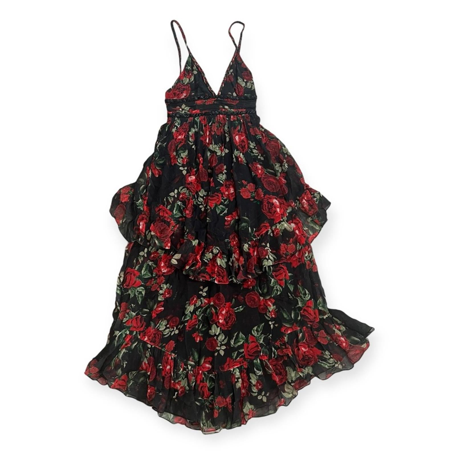 Rococo Sand Tiered Maxi Dress in Black/Red Roses, NWT, Size XS Retail $478