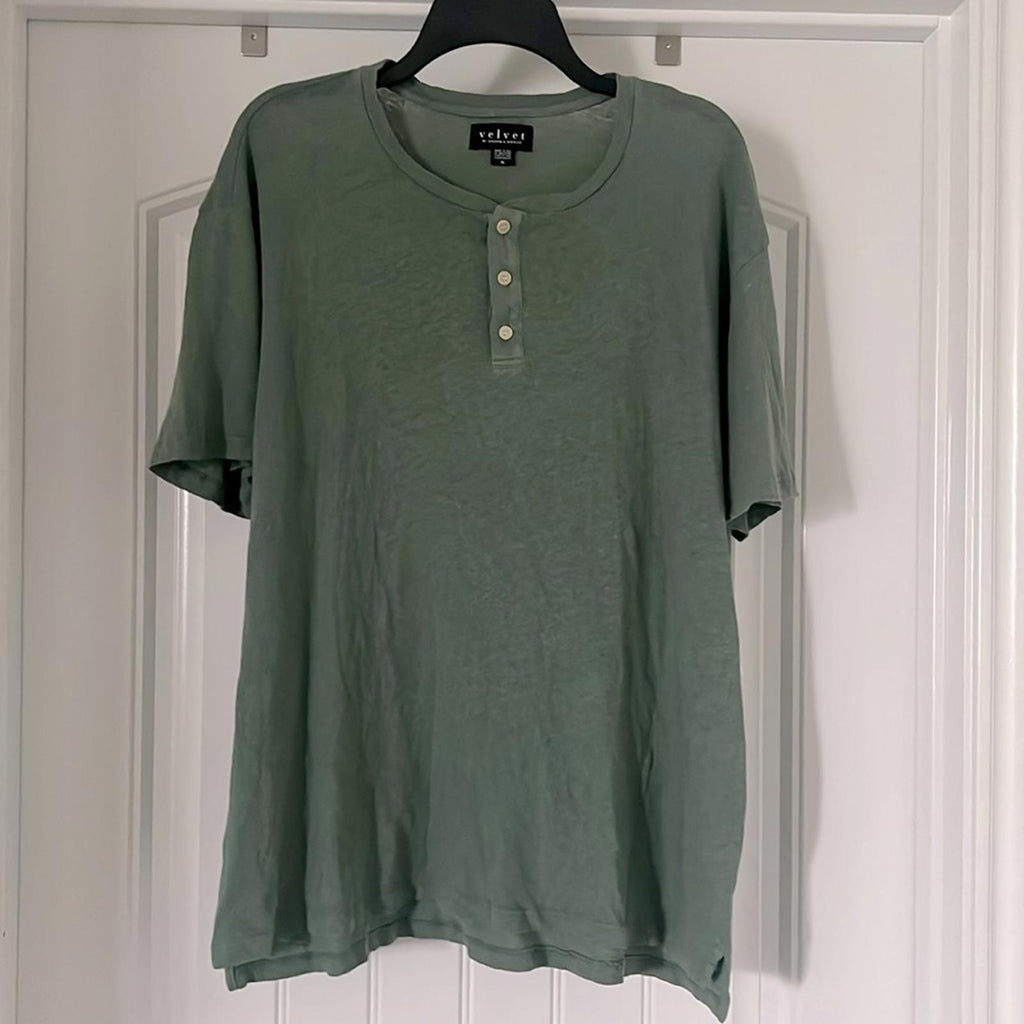 Velvet by Graham & Spencer Lionel Linen Blend Henley Shirt Green, NWT, Size XL