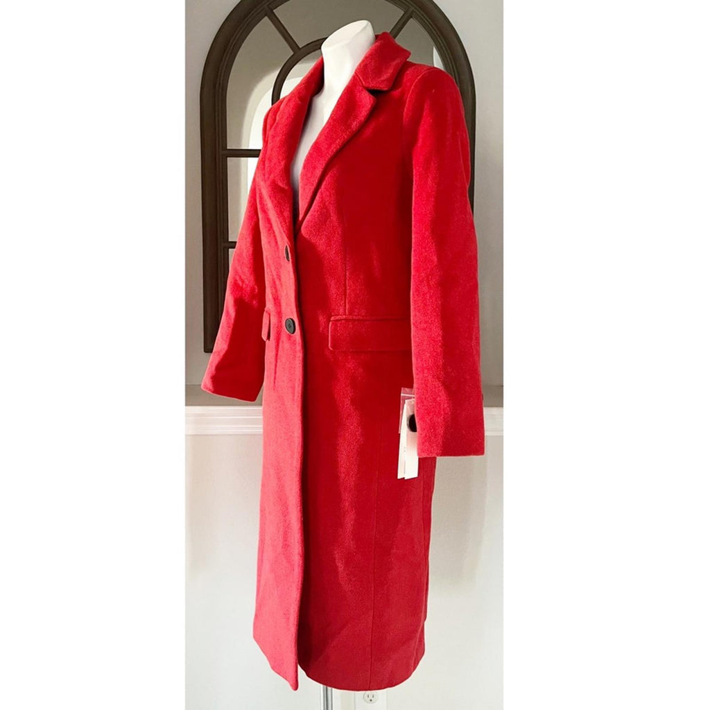 Bloomingdale’s Aqua Two Button Long Coat in Red, Size S, New w/Tag $178