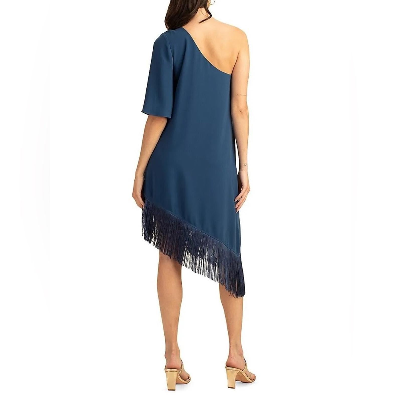 Trina Turk Gull One-Shoulder Asymmetric Fringed Dress in Denim, Size S New w/Tag