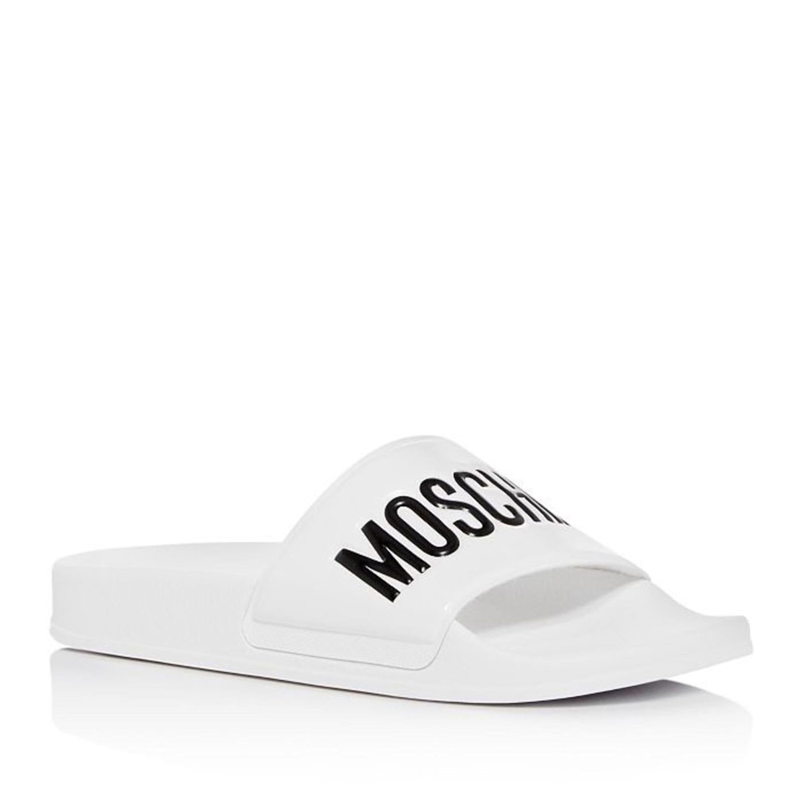 MOSCHINO Logo Slide Sandals in White, Size 38 New in Box